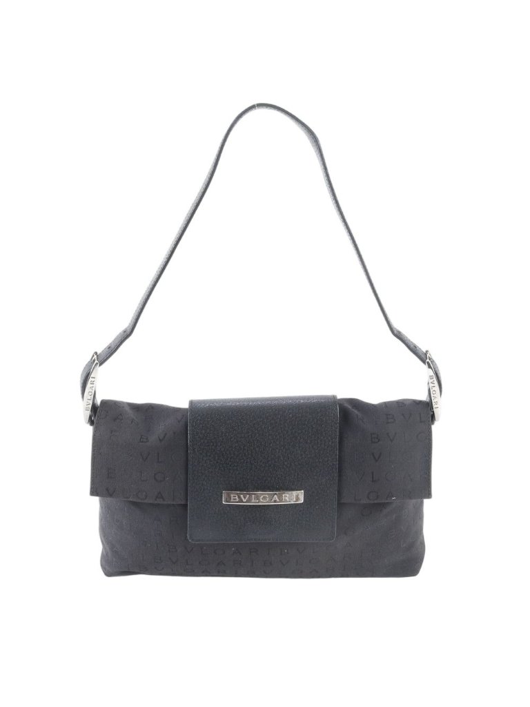 Bvlgari Bulgari Logo Mania Leather Canvas Shoulder Bag Hand Black